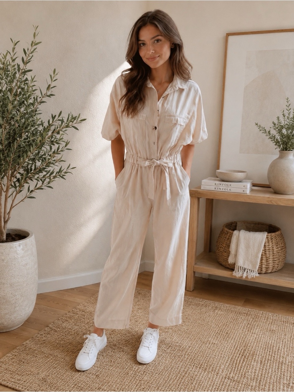Universal Thread Cream Linen Blend Boiler Suit Romper Size 8 Waist Tie Jumpsuit